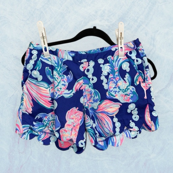Lilly Pulitzer Magnolia Short Going Coastal Blue Pink Scalloped Hem size 00-EUC - Picture 6 of 7